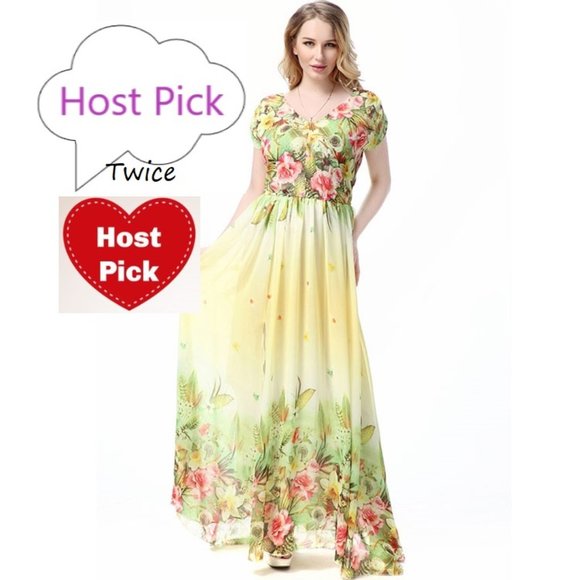 Floral Summer Dress Yellow & Light Green Chiffon Plus Size Dresses Short Sleeve - Picture 2 of 9